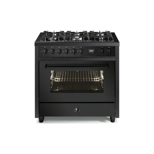 Steel Enfasi Gasfornuis 90cm 1 Oven 6 Pits All Black
